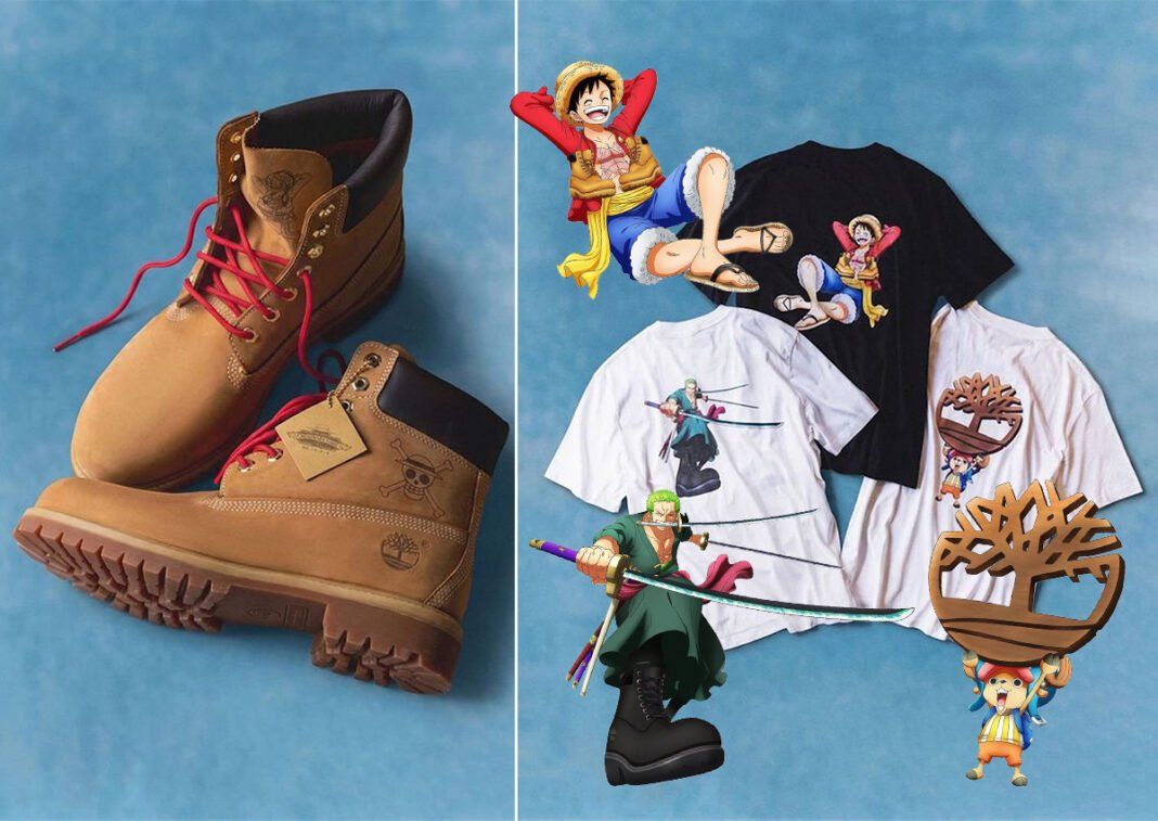 Timberland 6-Inch Premium Waterproof Boot in wheat nubuck with red laces and Luffy Straw Hat branding from the ONE PIECE x Timberland collection