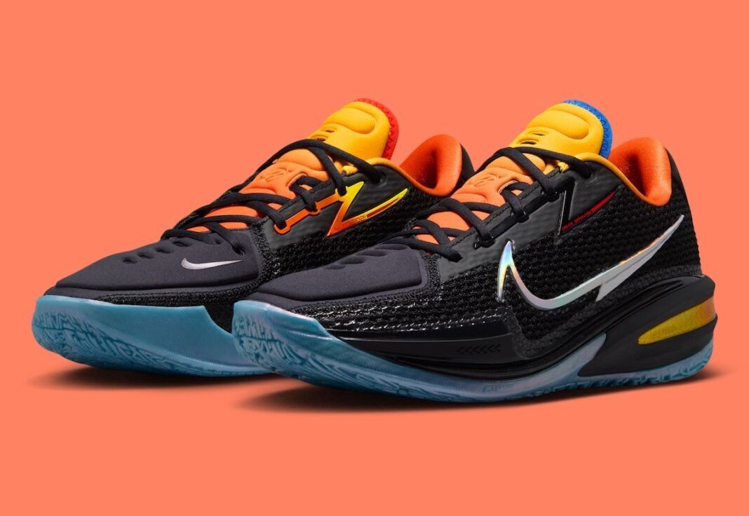Nike GT Cut 1 in 'Before The Light' colorway by Dylan Harper and TITAN, featuring black mesh upper with orange, yellow, blue, and red accents