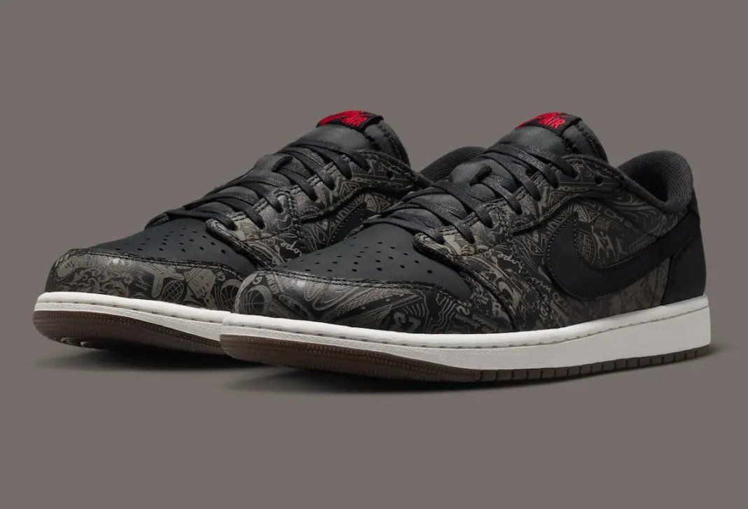 Air Jordan 1 Low OG Laser in black leather with laser-etched graphics and Fire Red accents, shown from multiple angles