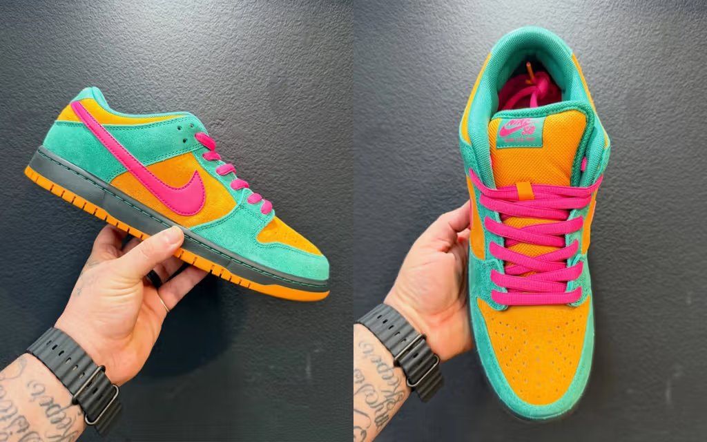 Nike SB Dunk Low in Green Noise and Watermelon colorway, showcasing the muted green base with warm accent detailing