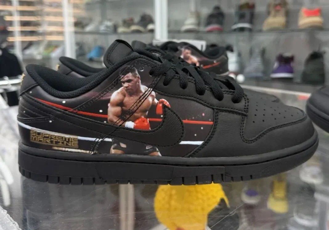 Supreme x Martine Rose x Nike Dunk Low Mike Tyson in black leather with championship imagery on lateral and medial panels
