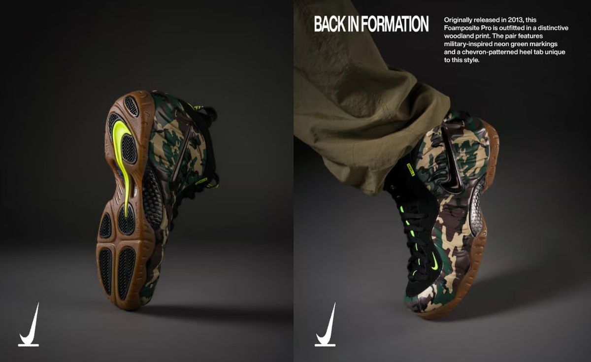 Nike Air Foamposite Pro Camo retro release featuring molded foam upper with camouflage pattern