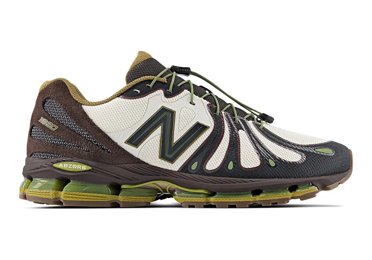 New Balance 1890 in Linen Green colorway featuring pine green synthetics, brown suede heel, and mossy ABZORB midsole