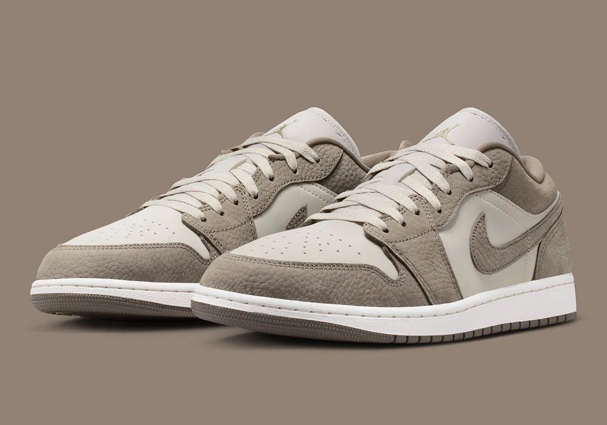 Air Jordan 1 Low in Olive Grey with pebbled leather overlays and Silver Sage base, shown from multiple angles