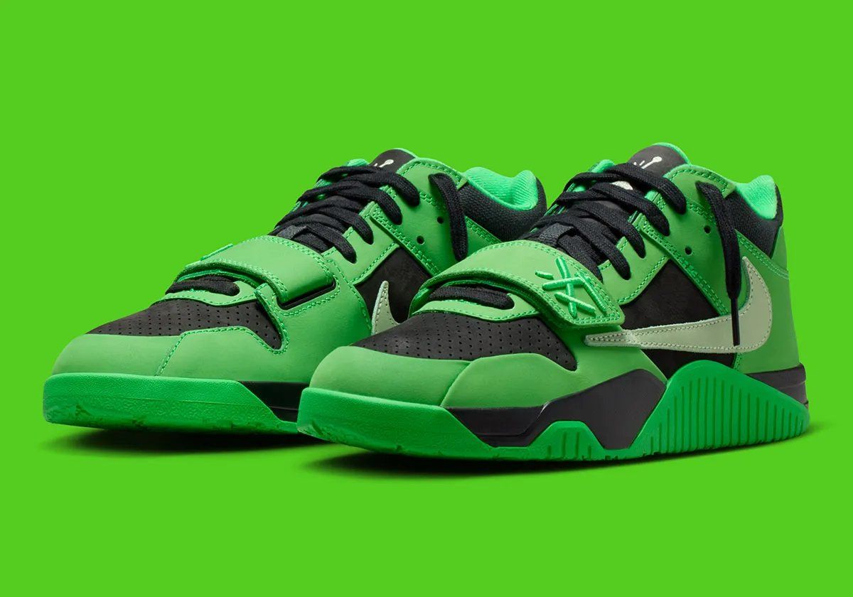 Travis Scott x Jordan Jumpman Jack 'Celtics' in Green Spark colorway, lateral three-quarter view showing full silhouette
