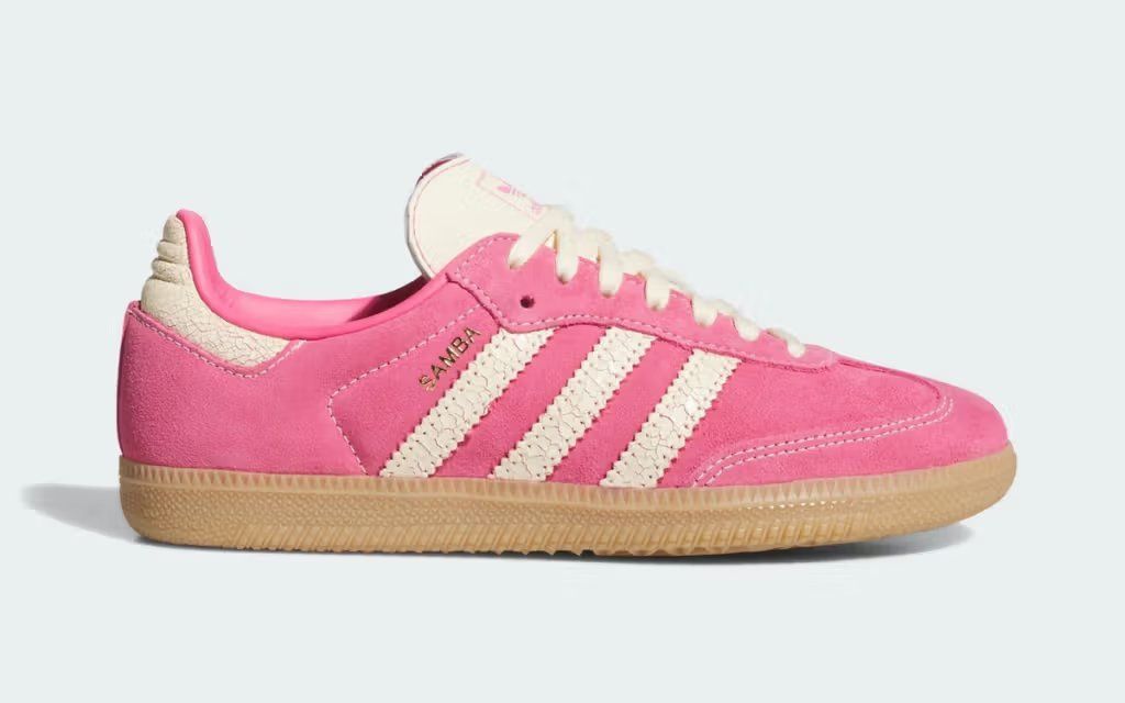 Adidas Samba in Pink Fusion with cracked leather trim detailing on three-stripe panel