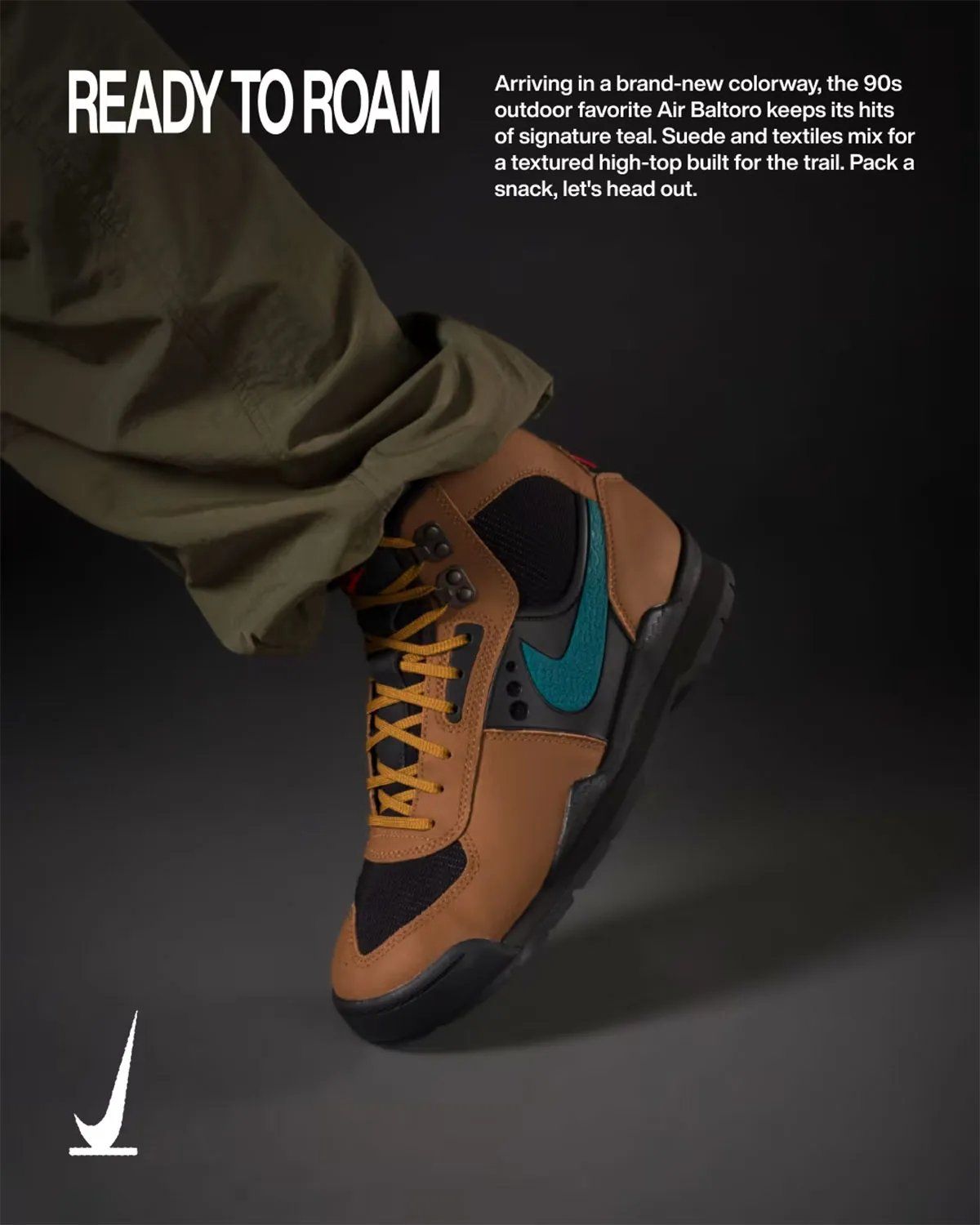 Nike ACG Baltoro in Light British Tan with Geode Teal Swoosh and yellow laces, hero view