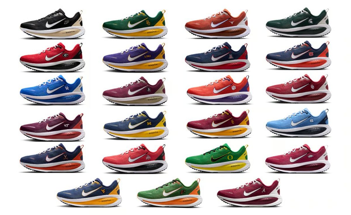 Nike Vomero 18 NCAA Pack featuring multiple school colorways with institutional logos positioned beneath the lateral Swoosh panel