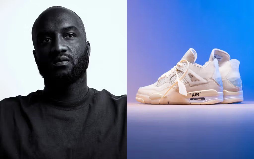 OFF-WHITE x Air Jordan 4 in white leather with exposed stitching and typographic detailing