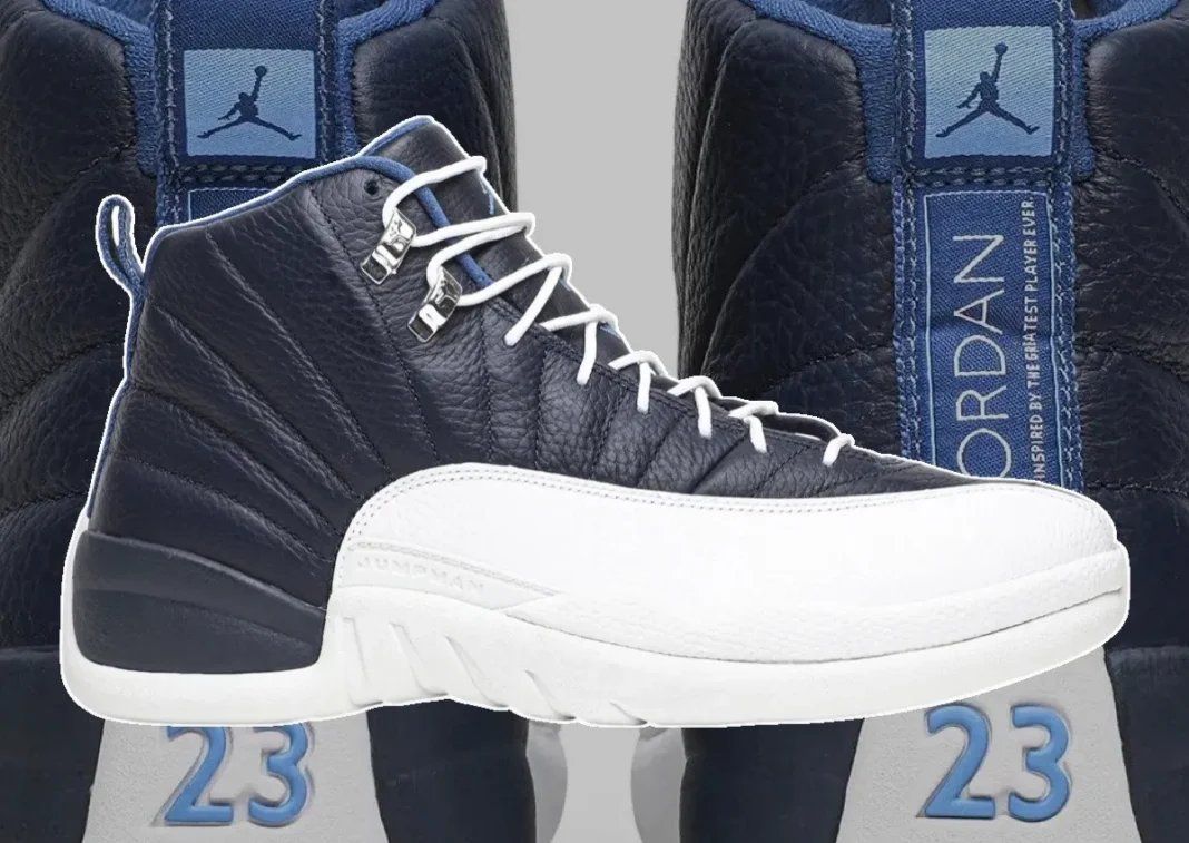 Air Jordan 12 Obsidian in navy leather with white mudguard and Carolina blue accents, releasing January 2027
