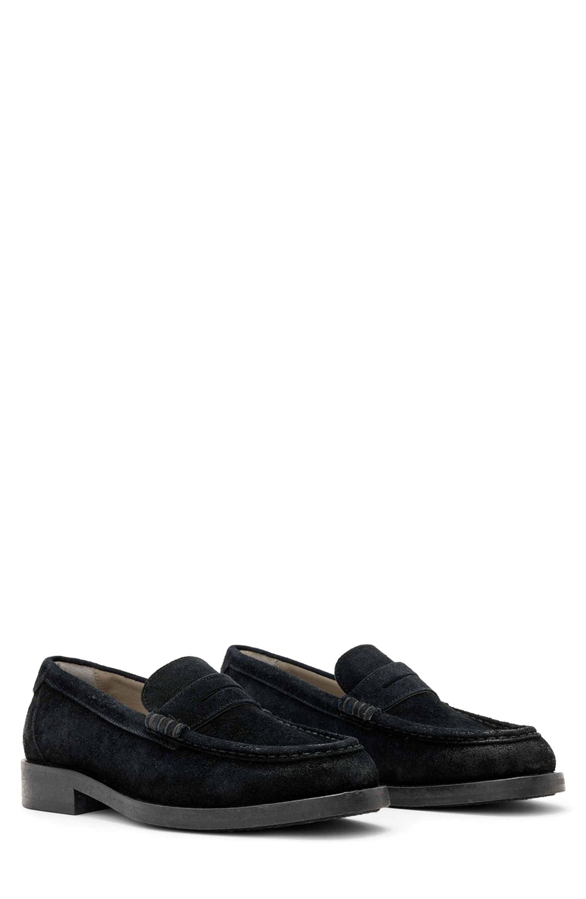 AllSaints Bloom Penny Loafer in refined leather, displayed from above showing traditional penny vamp detailing and sleek silhouette