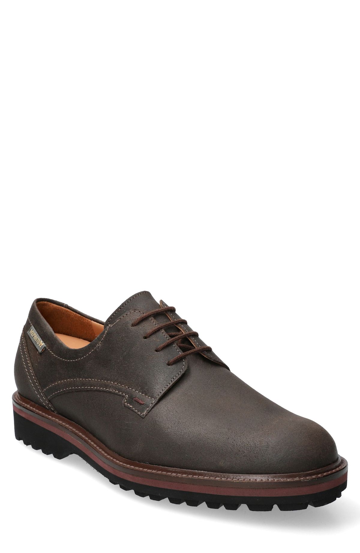 Mephisto Batiste Derby in neutral colorway, shot at three-quarter angle showing derby lacing, structured toe, and refined silhouette