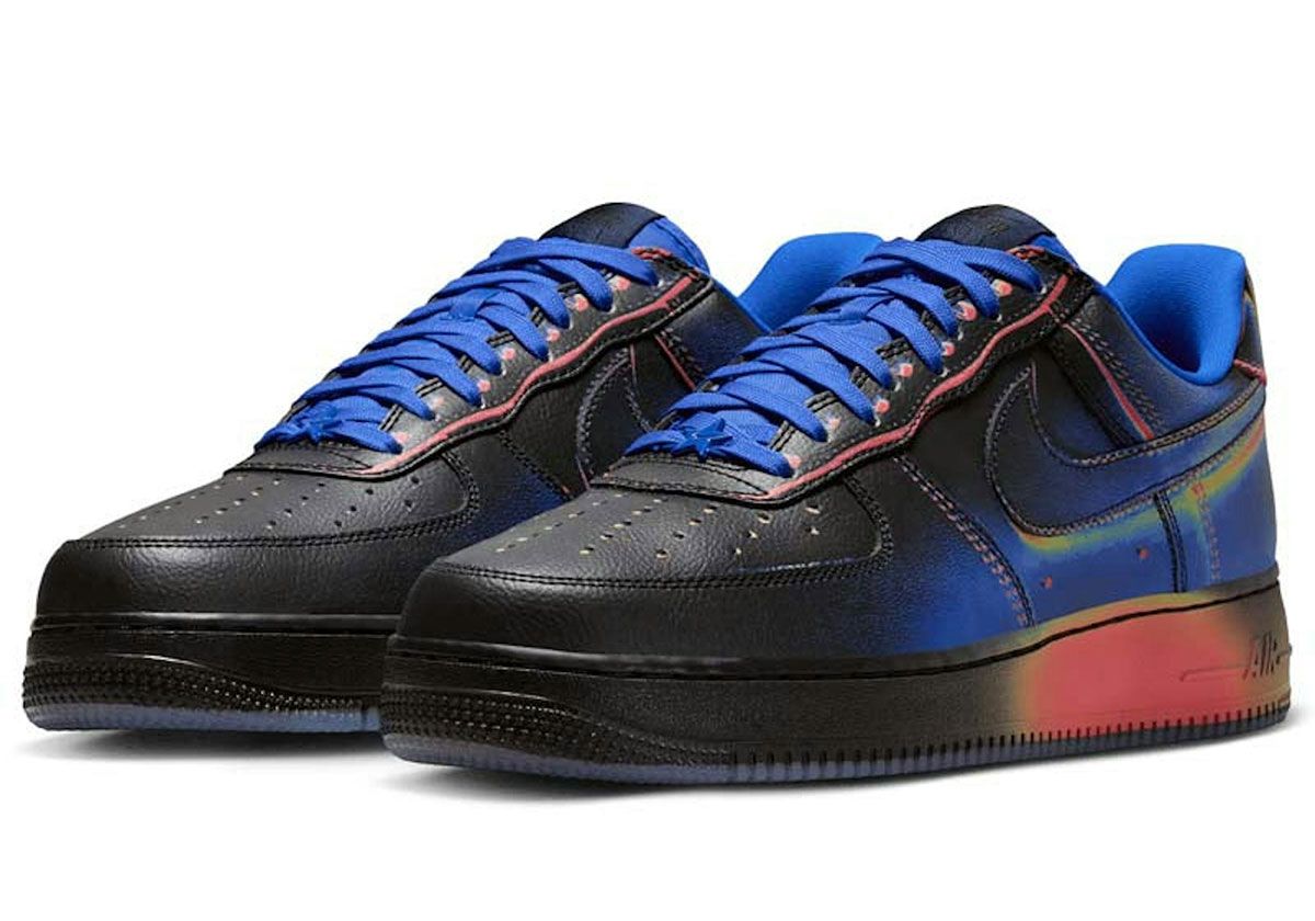 Nike Air Force 1 Low Heat Map in black and blue gradient with red and yellow detailing on swoosh and heel counter