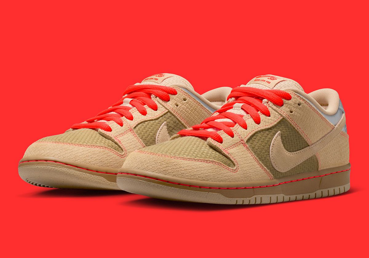 Nike SB Dunk Low "Som Tum" in white, red, and tan colorway with textured overlays inspired by traditional Thai bamboo baskets