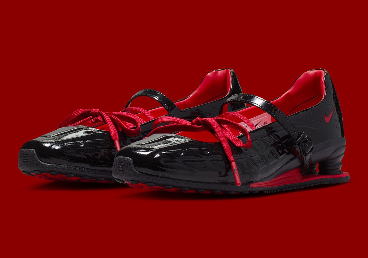 Labelhood x Nike Shox Z Calistra in patent leather with crimson accents and leather strap detail