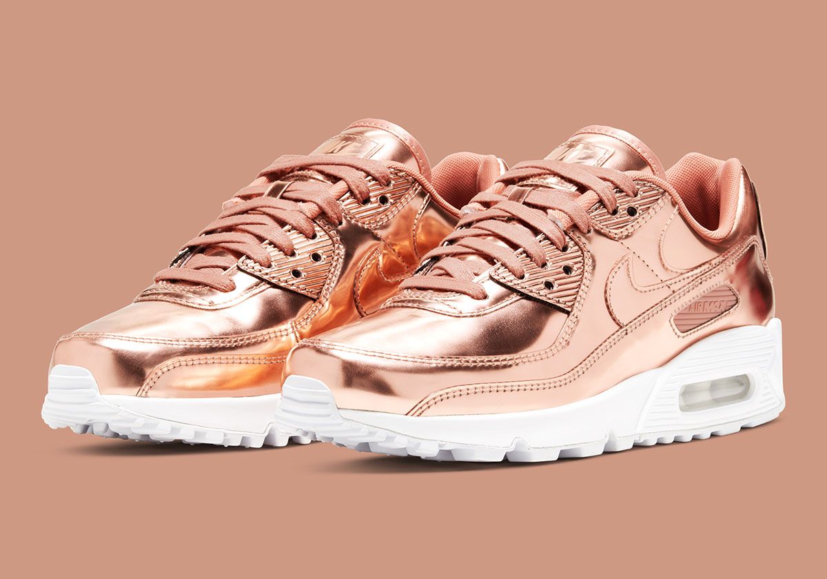 Nike Air Max 90 Rose Gold with glossy chromatic finish and white midsole, women's exclusive colorway