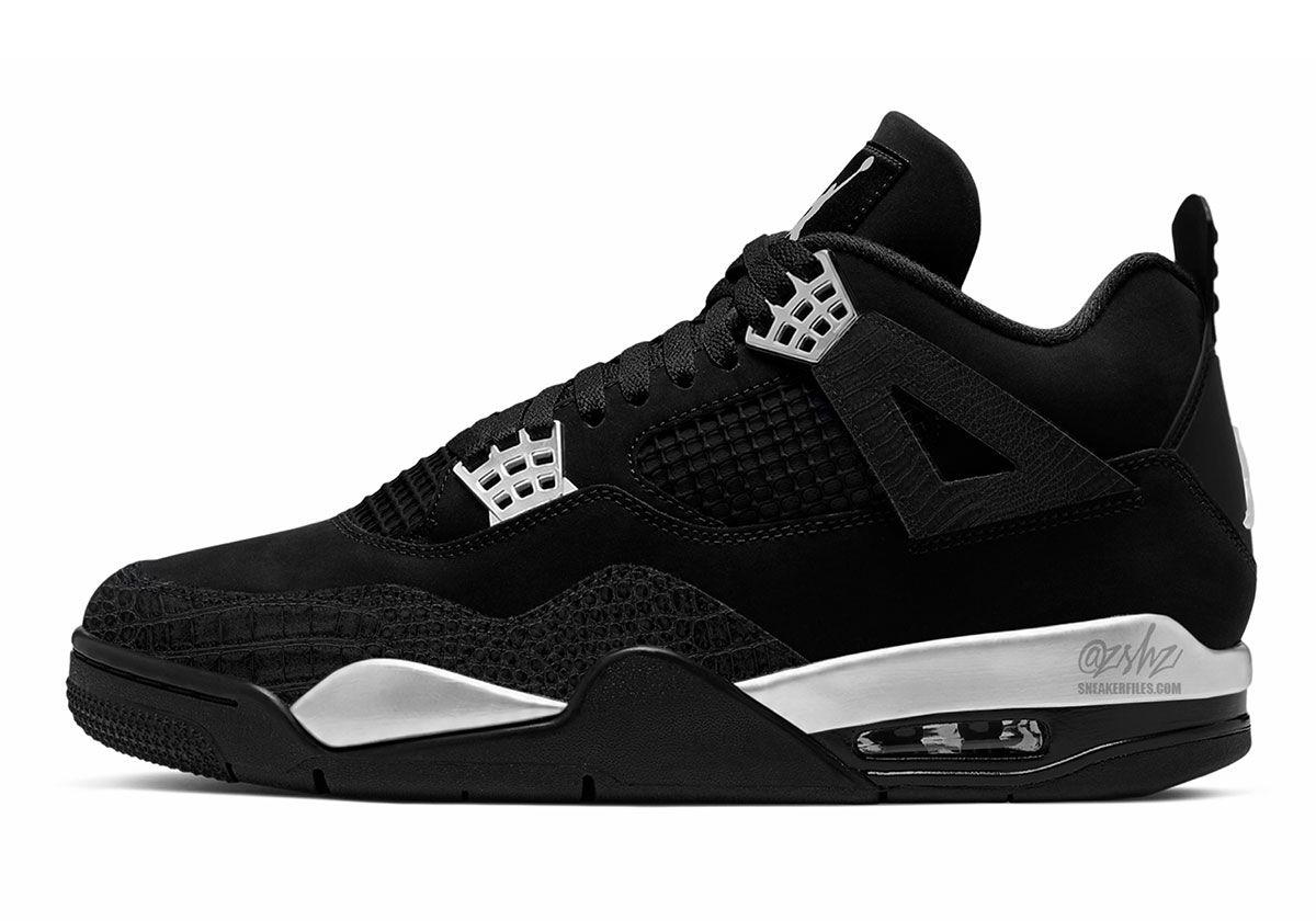 Air Jordan 4 'Spotlight' women's release in black leather with metallic silver eyestays and midsole detailing, January 2027