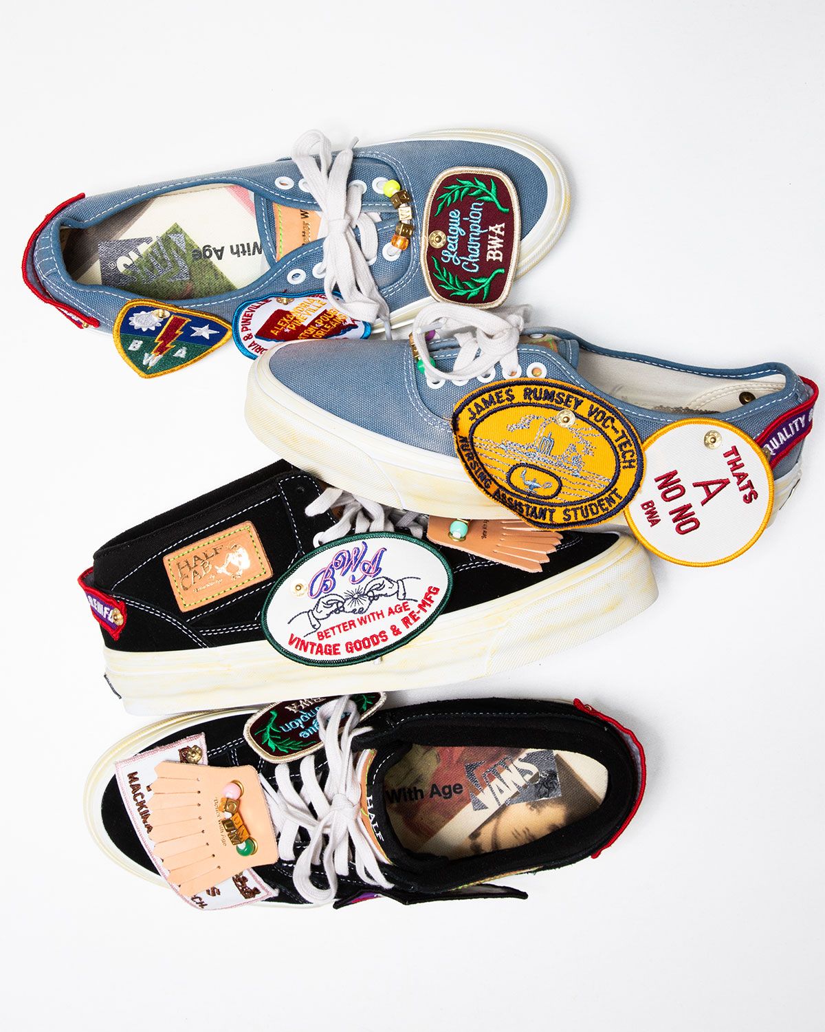 Better With Age x Vans Authentic in faded navy canvas with custom leather patches and brass beads for customization