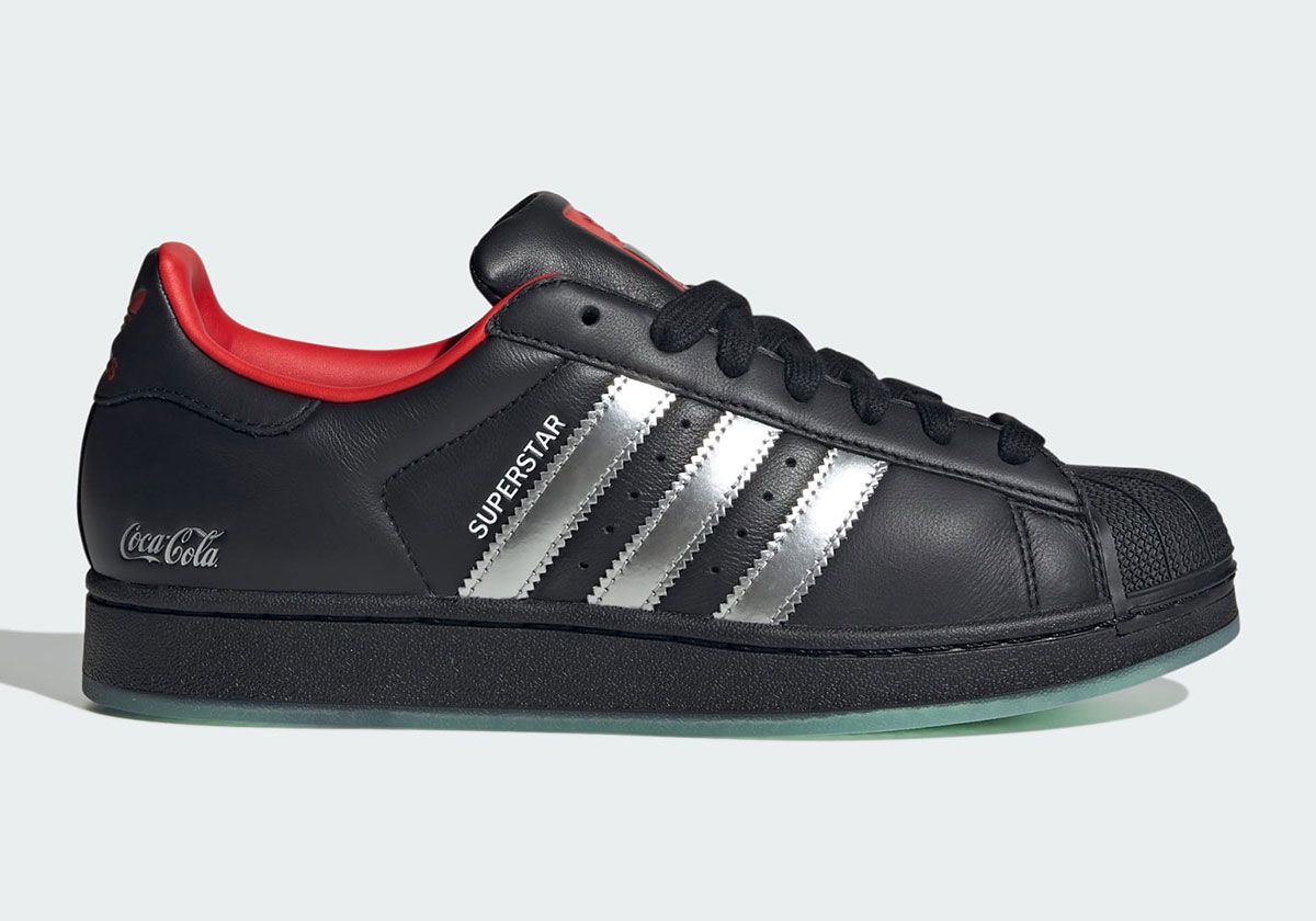 adidas Originals x Coca-Cola collection featuring red, black, and silver colorways across Superstar, Adistar Control 5, and F50 Megaride models