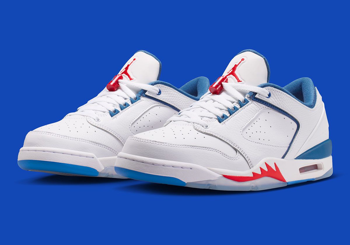 Jordan Sixty Plus Low in True Blue colorway, white leather upper with blue and red accents on heel and midsole