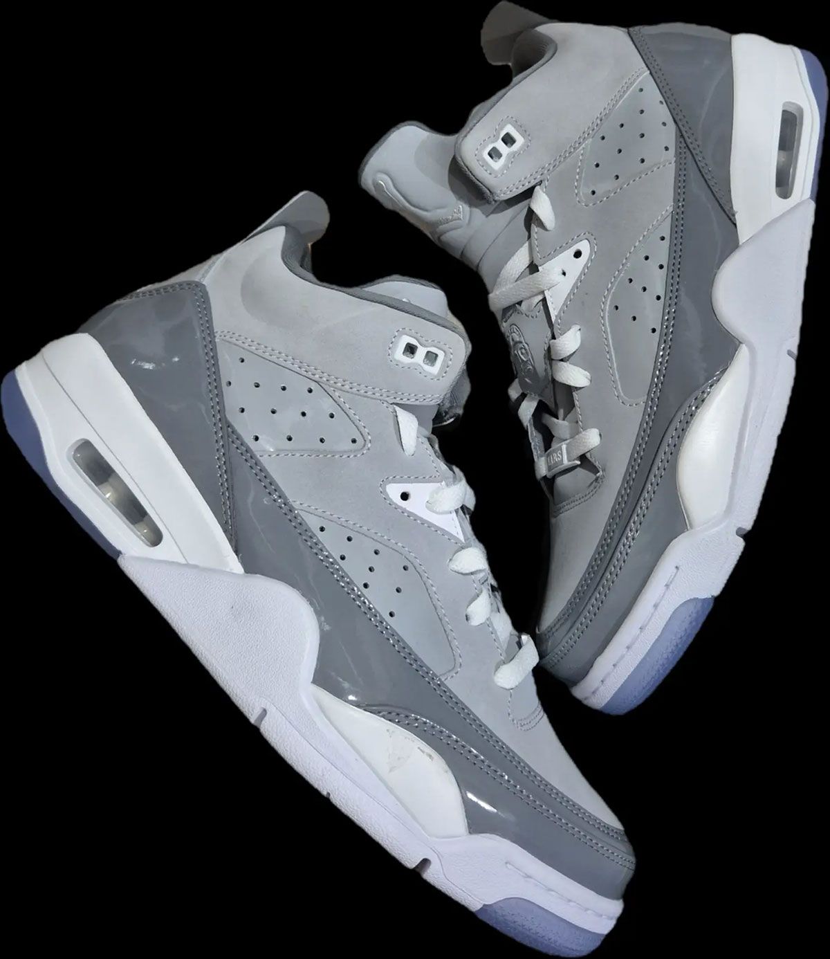 Jordan Son of Mars Low in Cool Grey with patent leather mudguard and light grey upper