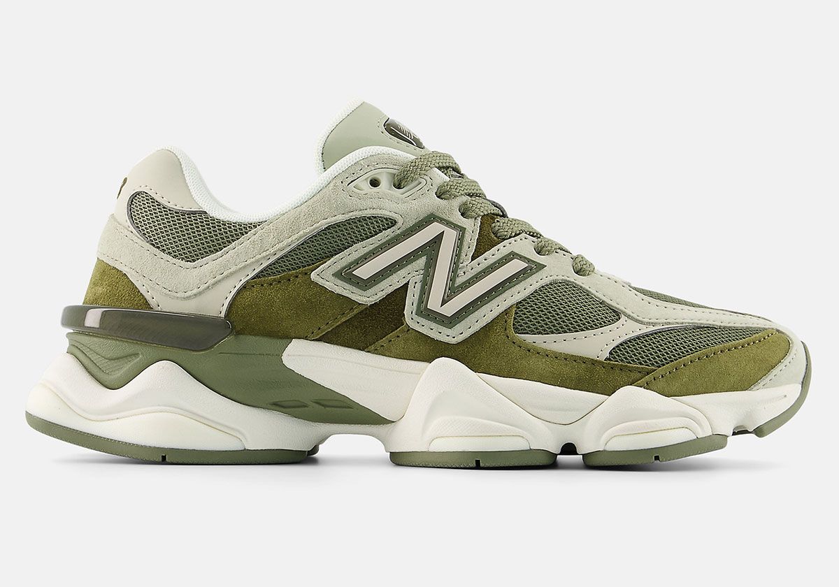 New Balance 9060 in Dark Olivine colorway featuring sage green suede panels and neutral uppers