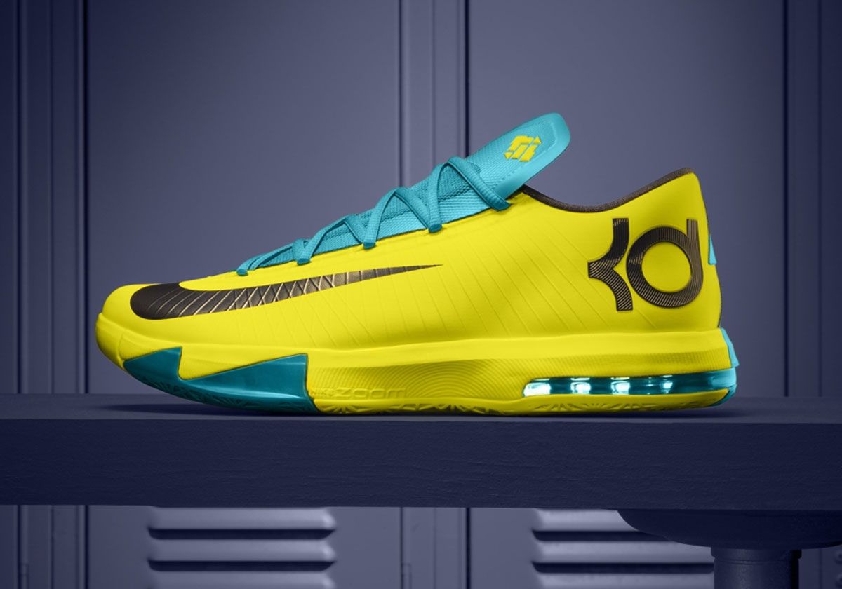 Nike KD 6 "Seat Pleasant" in Sonic Yellow, Midnight Navy, and Tropical Teal colorway with embossed toe text