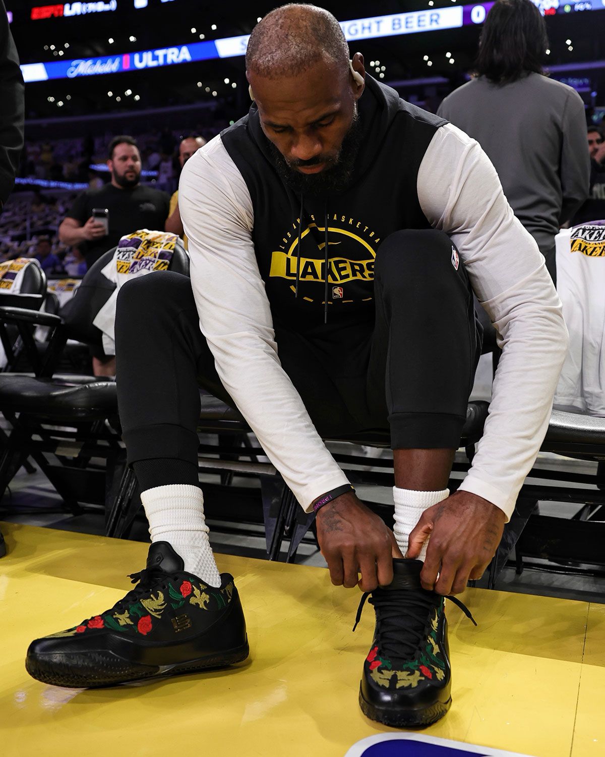 Nike LeBron 23 Closing Ceremony PE in black with gold embroidered lion graphics, worn by LeBron James during 2026 NBA playoffs