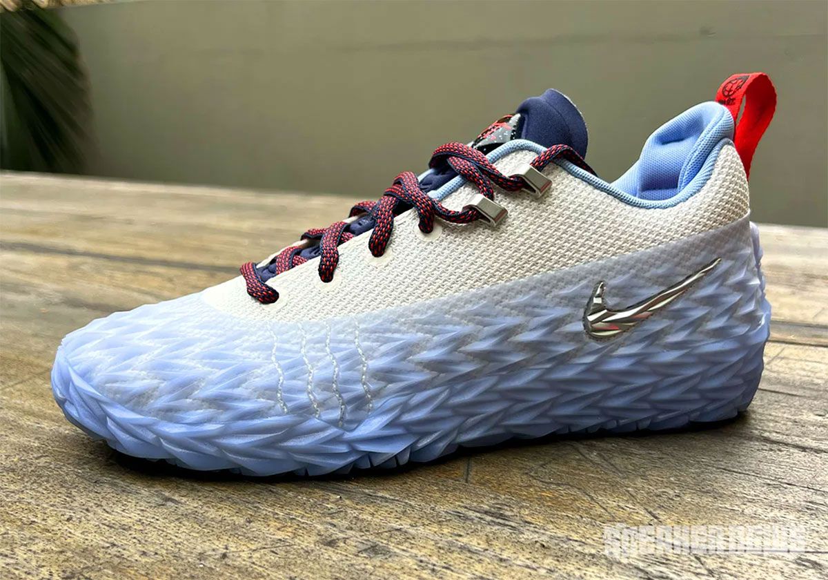 Nike S.T. Charge Detroit Tough featuring Cade Cunningham's #2 heel patch, Monster Skin exterior in white, red, and blue with silver Swoosh accents