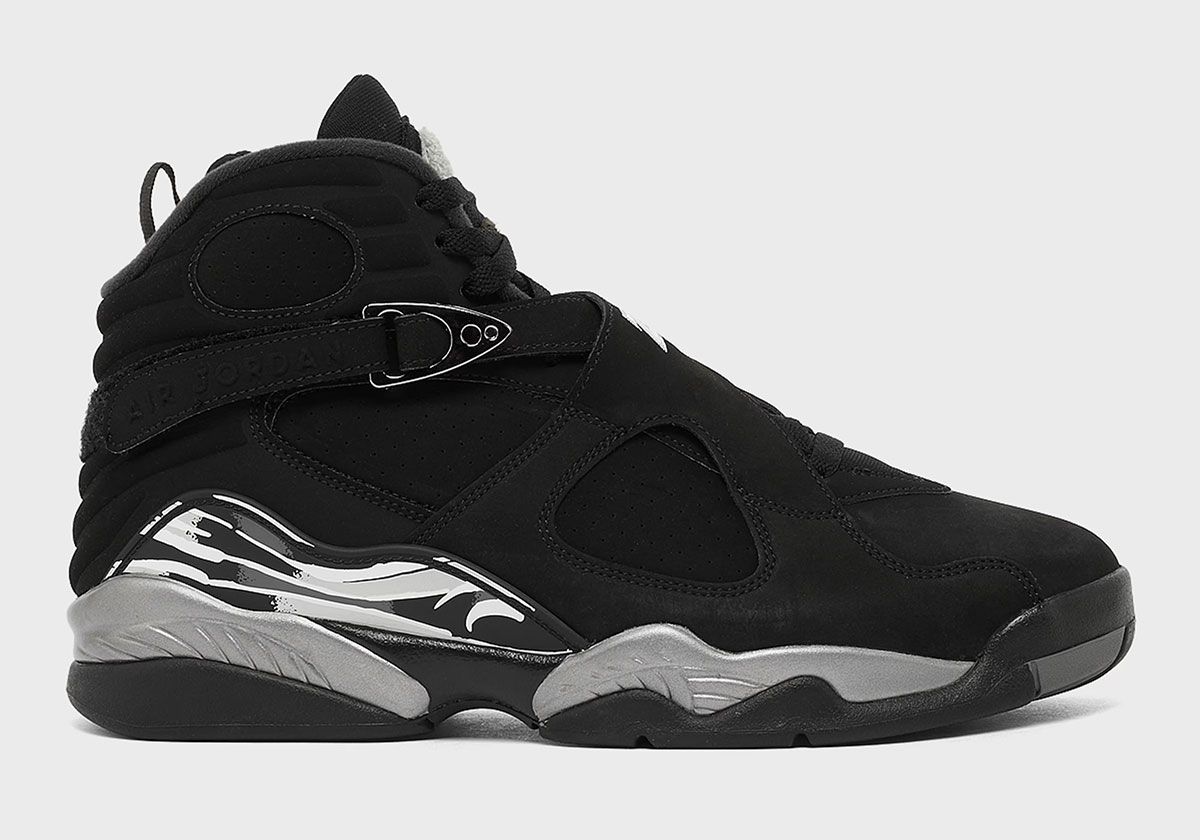 Air Jordan 8 Black Chrome featuring black upper with chrome accents and white/grey/black mudguard detailing