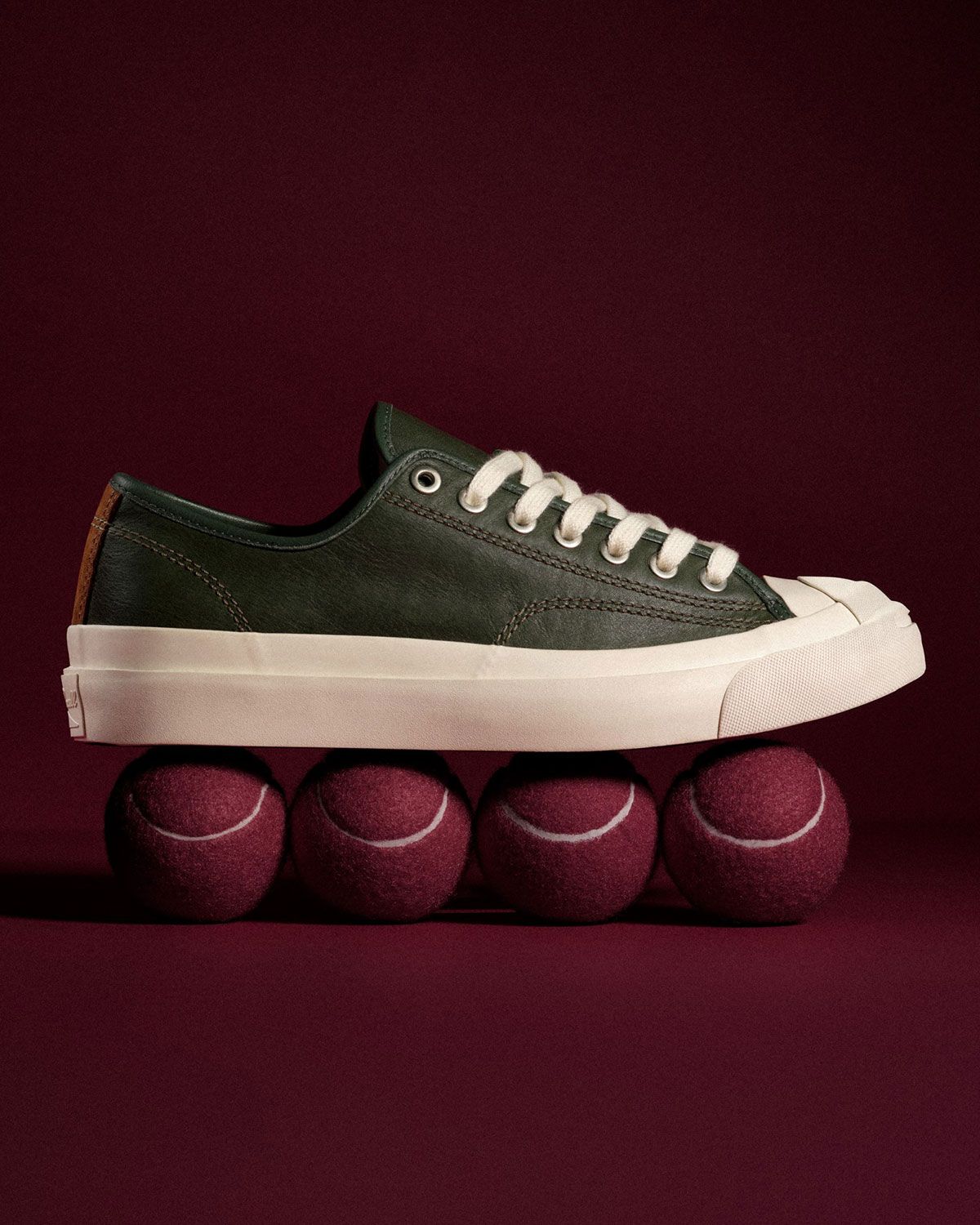 Converse Jack Purcell First String in white and green colorway showing elevated construction details