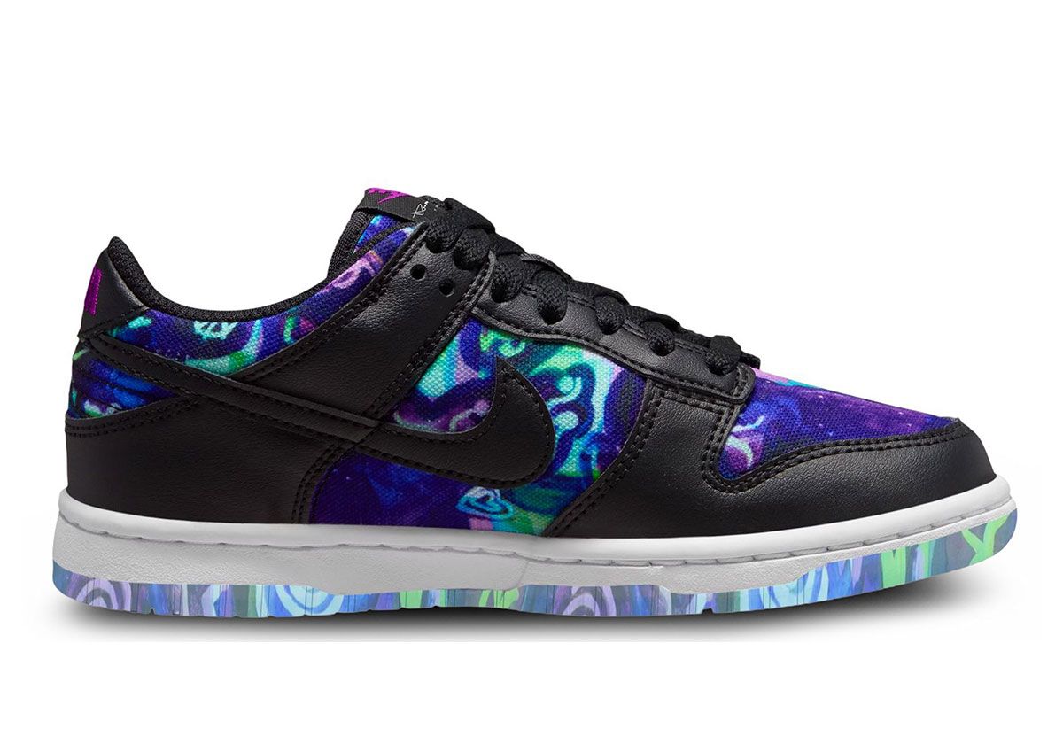 Andrea Bergart x Nike Dunk Low Grade School featuring psychedelic kaleidoscopic prints and metallic charms on upper and sole