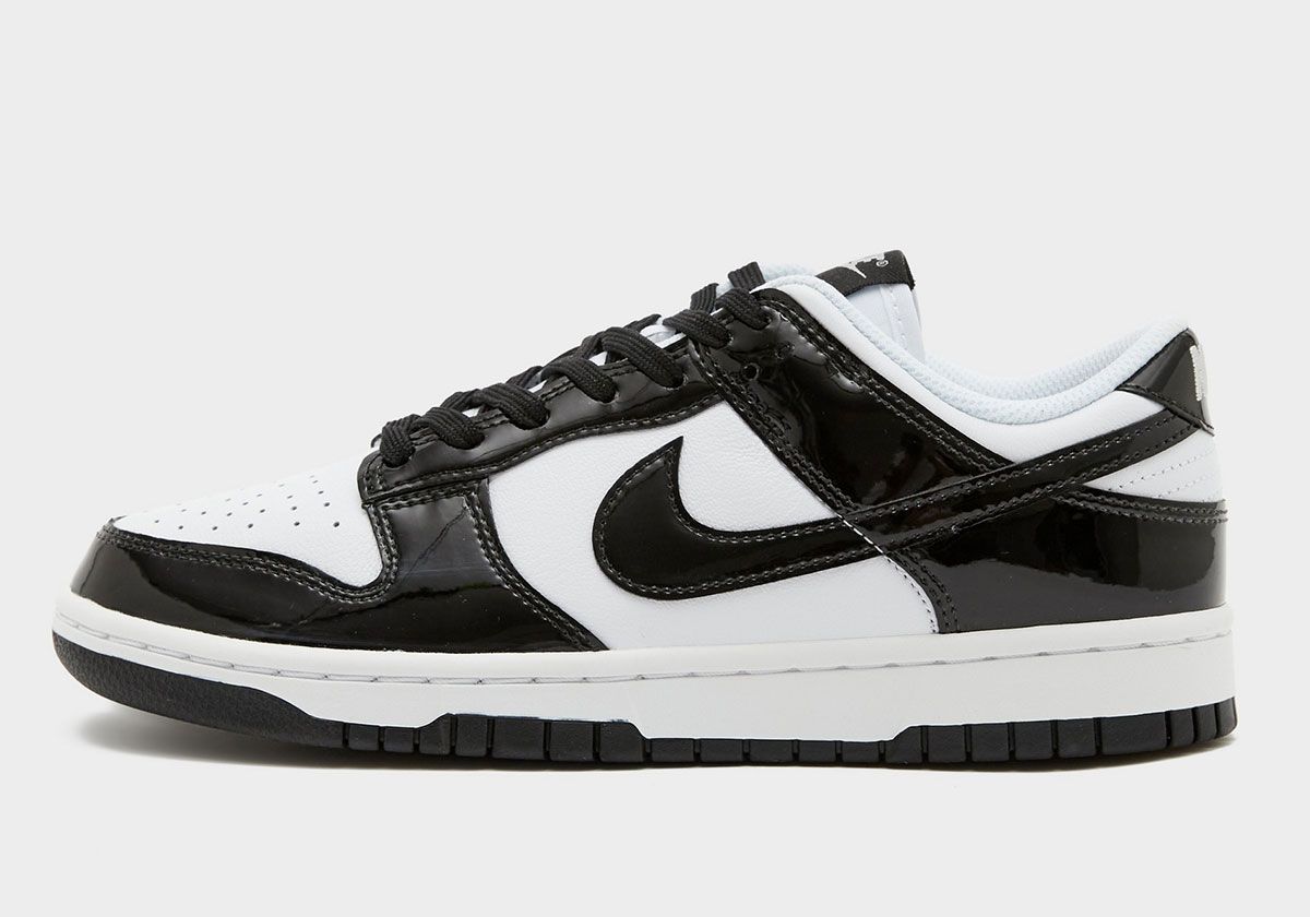 Nike Dunk Low Panda Patent in black patent leather and white leather with glossy finish