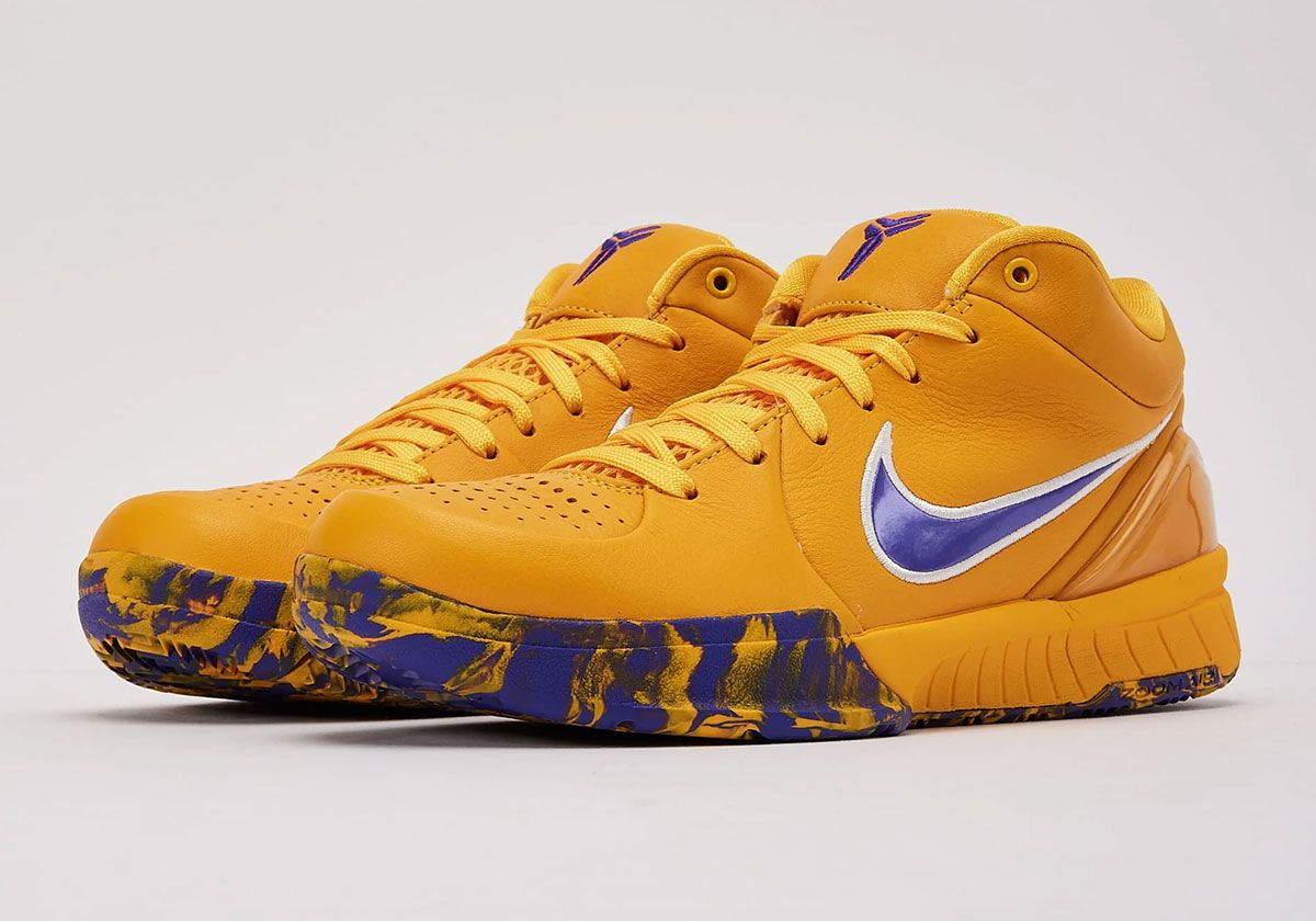 Nike Kobe 4 Protro Draft Day Lakers in gold with purple Swoosh, kids sizing