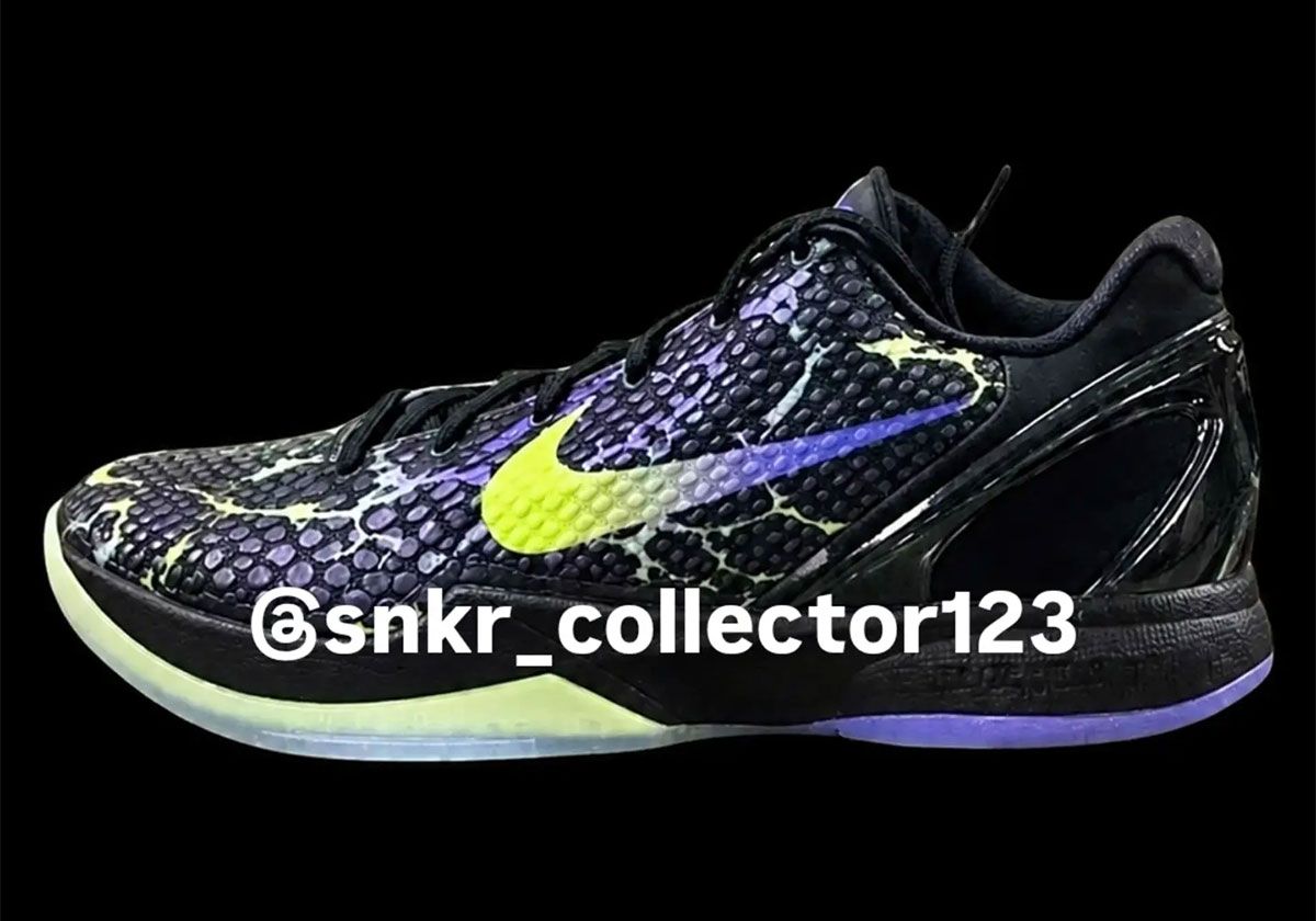 Nike Kobe 6 Protro "Coals" in black with venom green and purple venom accents, featuring coal-textured upper and gradient green-to-purple Swoosh