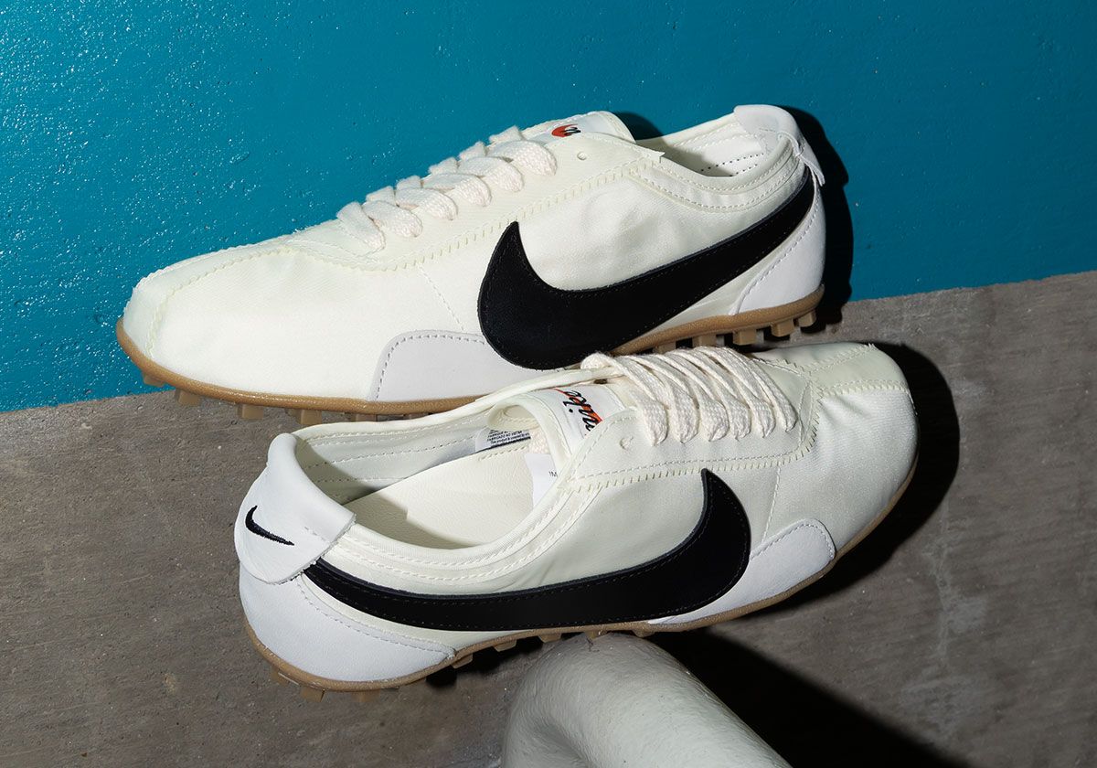 Nike Moon Shoe Sail/Black with cream leather upper, black leather swoosh, and grey suede bumpers, shot from multiple angles
