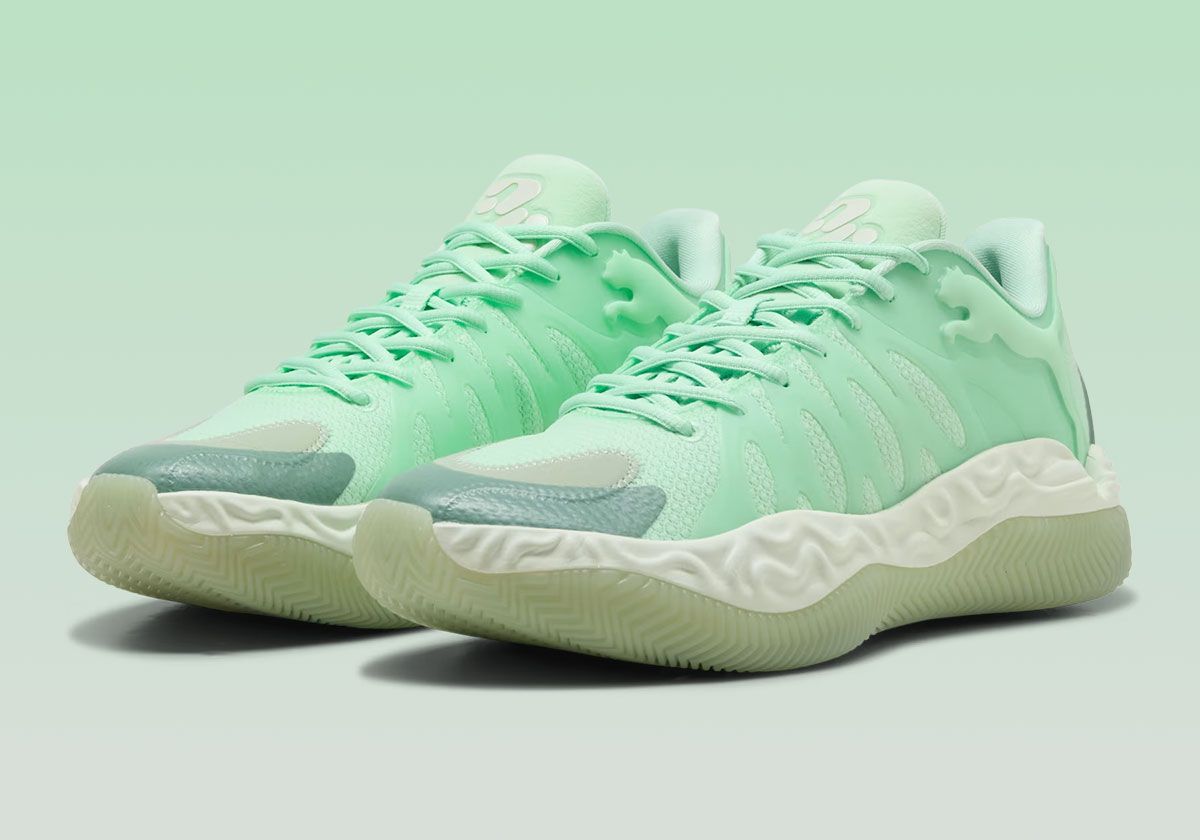 PUMA Hali 1 in wintergreen with semi-translucent upper and darkened traction pod