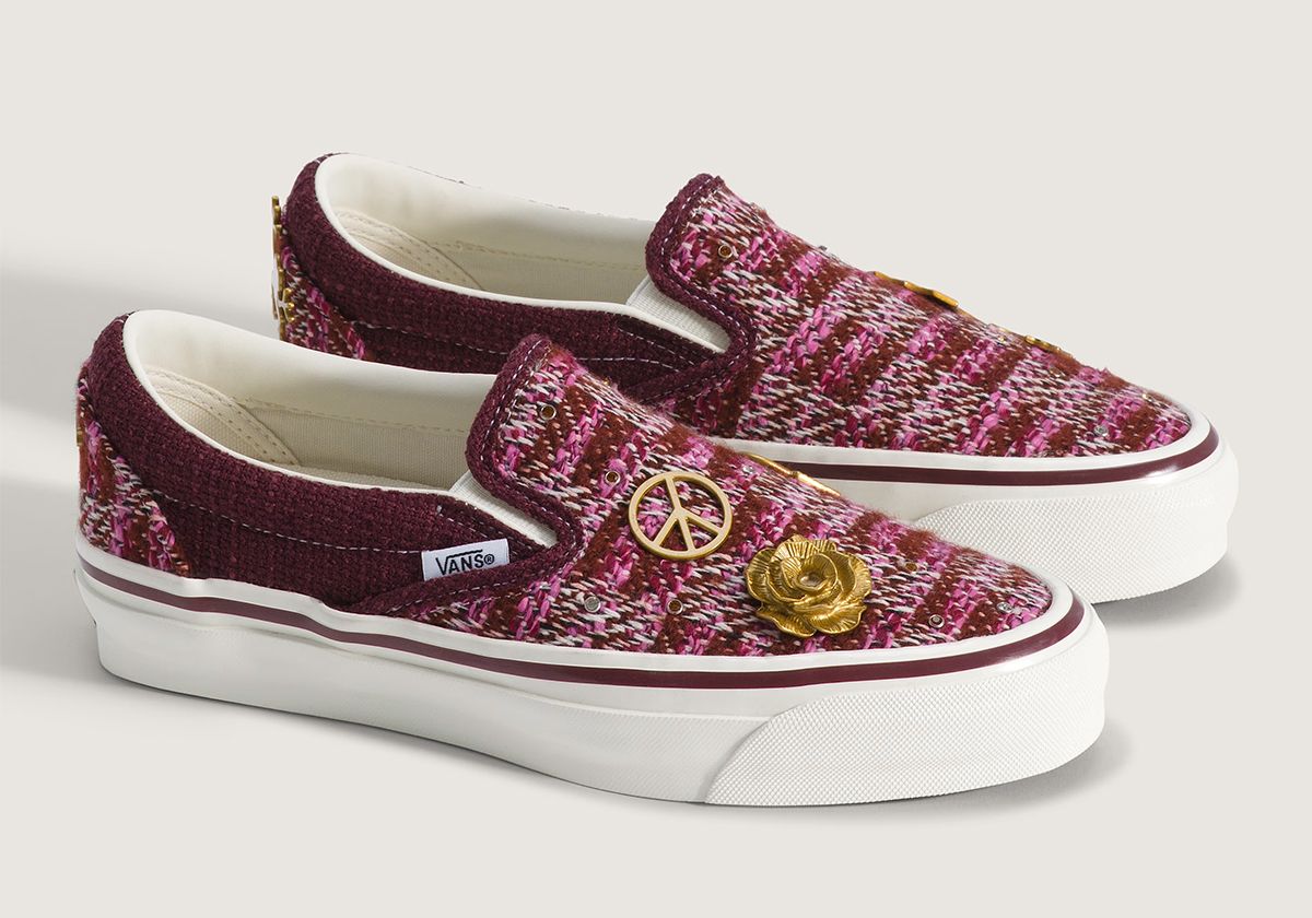 Vans Slip-On Cardigan in pink/red and white colorway with multi-color yarn and embroidered Americana details