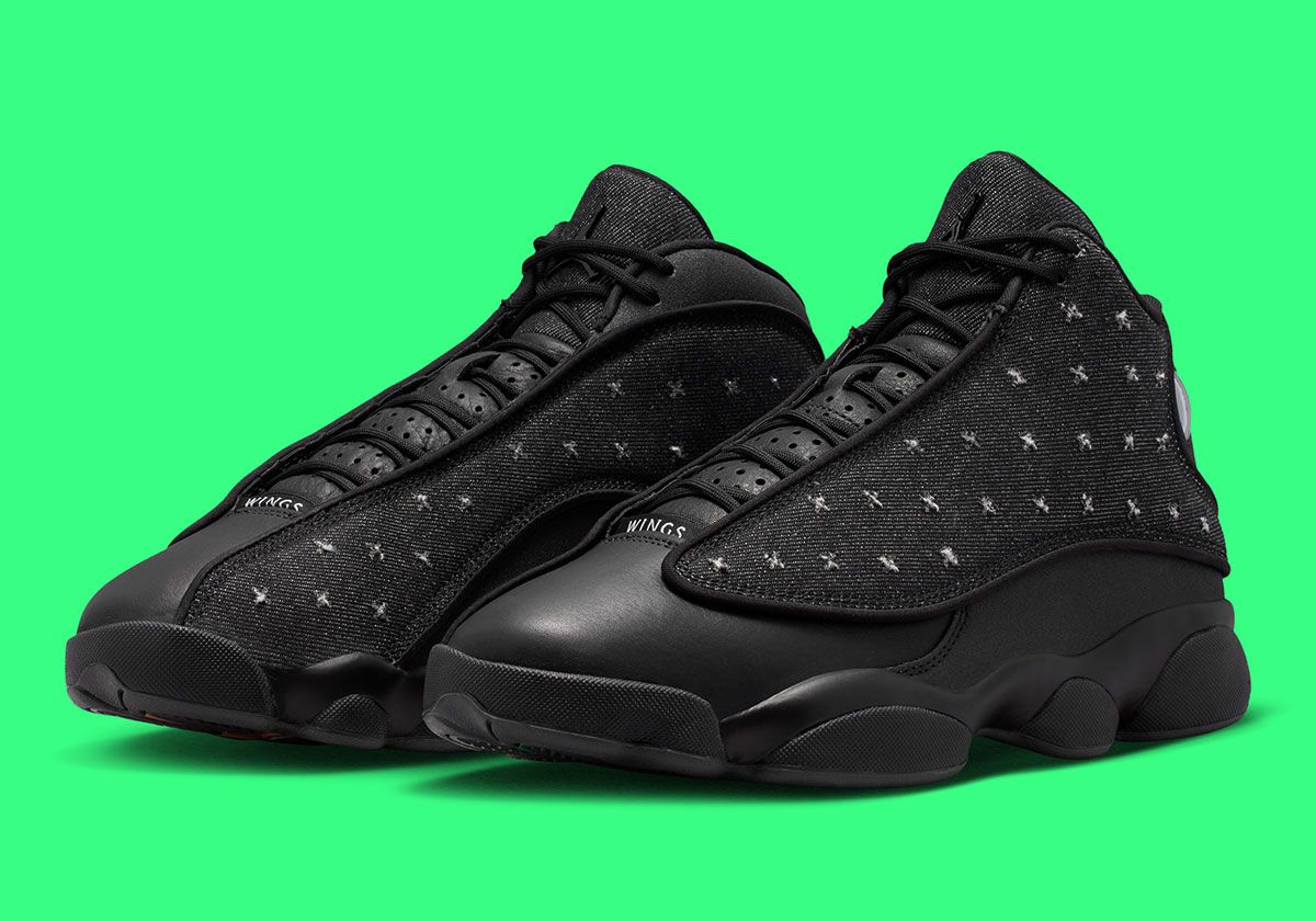 Air Jordan 13 WINGS in black denim twill with embroidered stitching and multicolored outsole accents