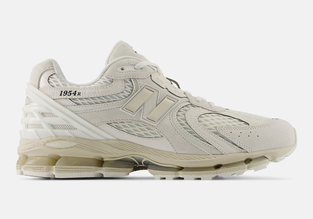 New Balance 1954R in Sea Salt colorway, showcasing layered mesh, leather, and suede construction