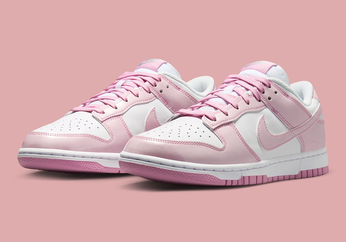 Nike Dunk Low Patent Leather in Pink Rise colorway with glossy patent finish, women's exclusive release