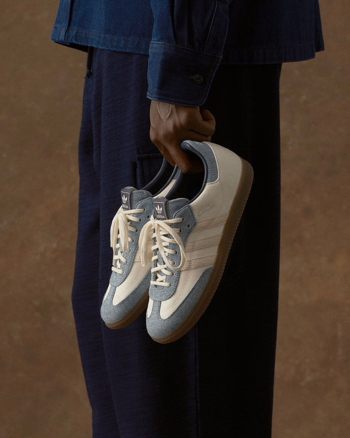 KITH x adidas Samba in bleach white and light blue denim with gum sole