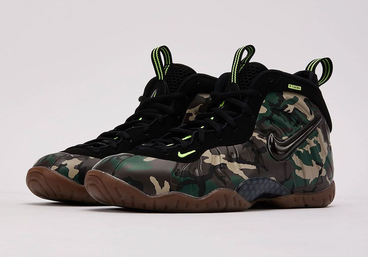 Nike Little Posite Pro Camo in grade school sizing, featuring camouflage pattern design matching the 2013 adult Foamposite Pro release