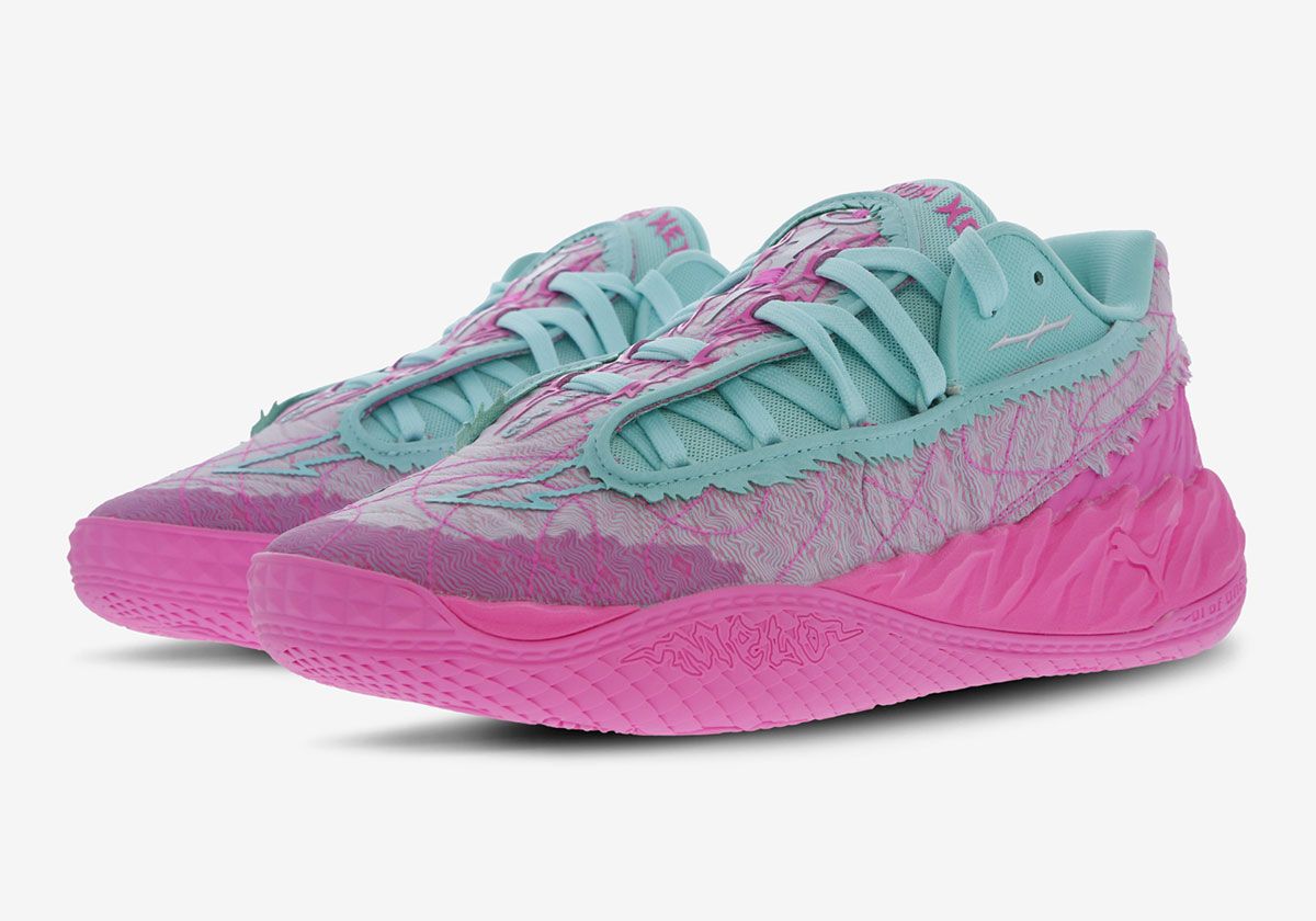 PUMA MB.05 Lo in Miami colorway featuring aquamarine collar and bright pink sole unit