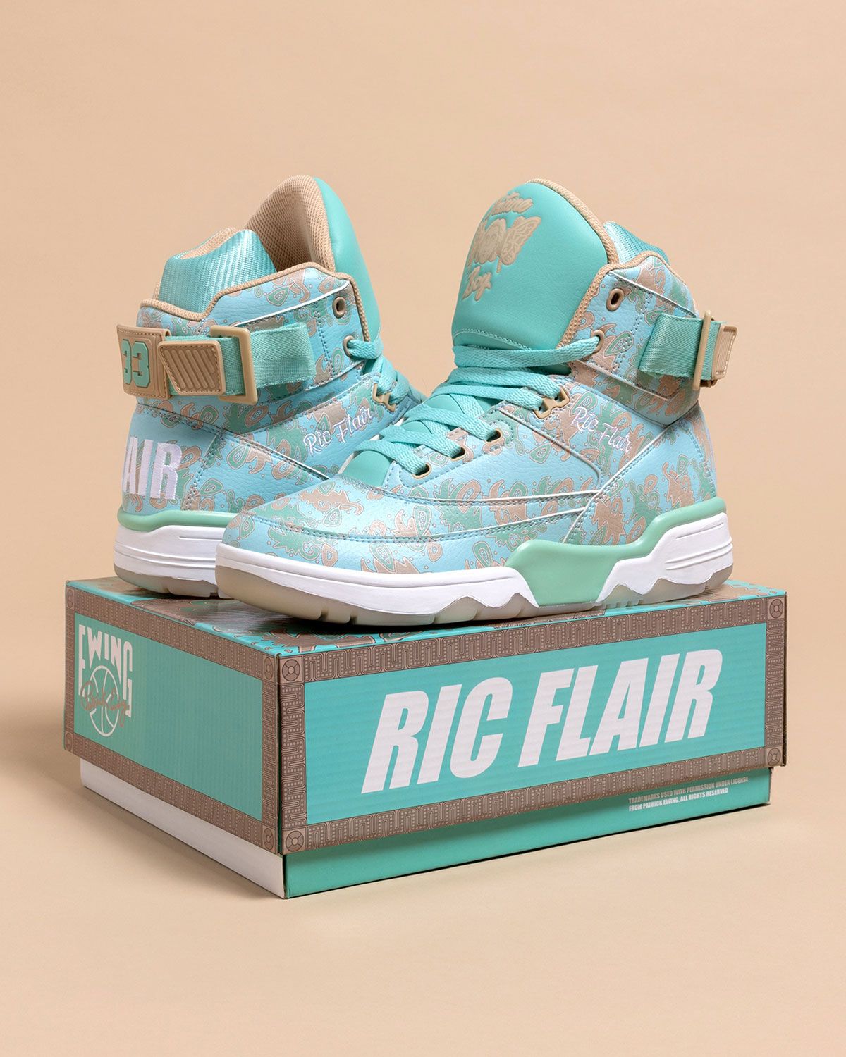 Ewing Athletics x Ric Flair 33 Hi in teal and beige with floral detailing and heel embroidery