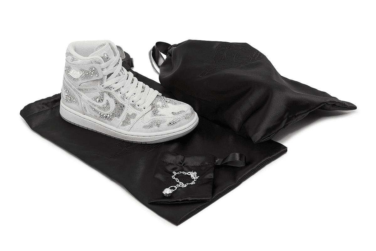 Swarovski x Air Jordan 1 High OG WMNS Vast Grey with crystal embellishments on grey leather upper