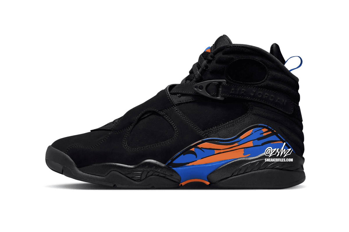 Air Jordan 8 'Knicks' colorway in royal blue and orange, scheduled for December 2026 release