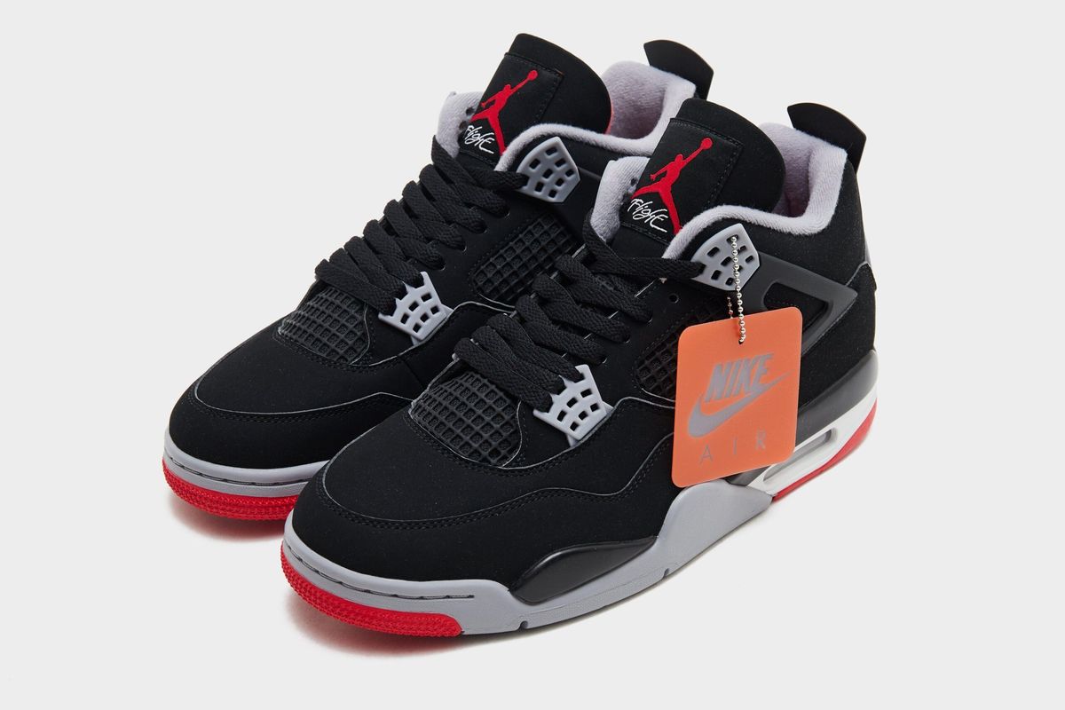 Air Jordan 4 OG "Bred" in black leather with fire red and cement grey accents, shown from multiple angles