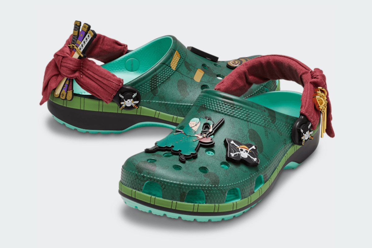 Crocs Classic Clog in Roronoa Zoro colorway from One Piece collaboration, shown from multiple angles