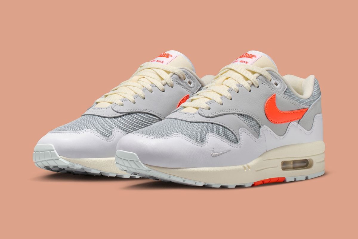 Patta x Nike Air Max 1 Waves in White and Hyper Crimson colorway, side profile view